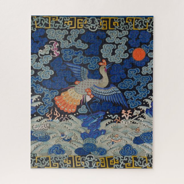 Vintage Chinese Crane Pattern: Imperial Blue Jigsaw Puzzle (Vertical)