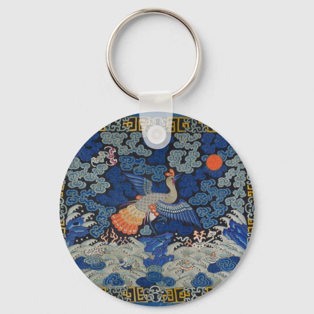 Vintage Chinese Crane Pattern: Imperial Blue Key Ring (Front)