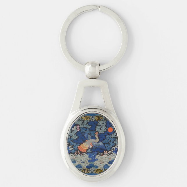 Vintage Chinese Crane Pattern: Imperial Blue Key Ring (Front)