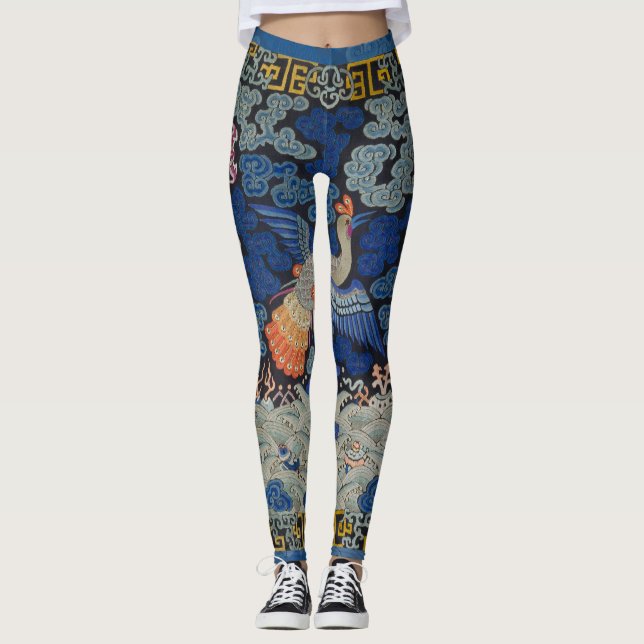 Vintage Chinese Crane Pattern: Imperial Blue Leggings (Front)