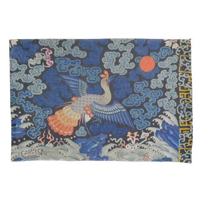 Vintage Chinese Crane Pattern: Imperial Blue Pillowcase (Front)