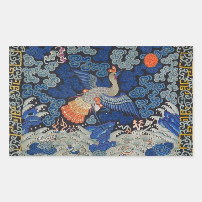 Vintage Chinese Crane Pattern: Imperial Blue Rectangular Sticker (Front)