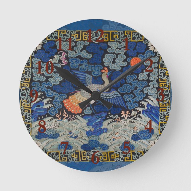 Vintage Chinese Crane Pattern: Imperial Blue Round Clock (Front)