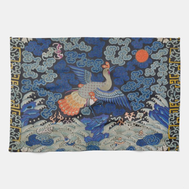 Vintage Chinese Crane Pattern: Imperial Blue Tea Towel (Horizontal)