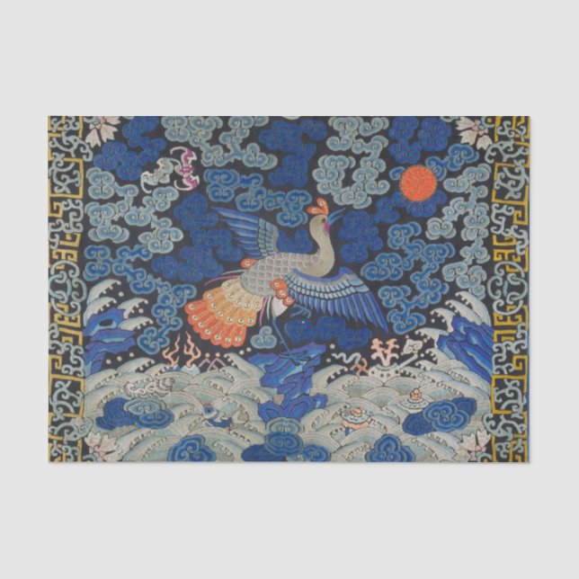 Vintage Chinese Crane Pattern: Imperial Blue Tissue Paper (Front)