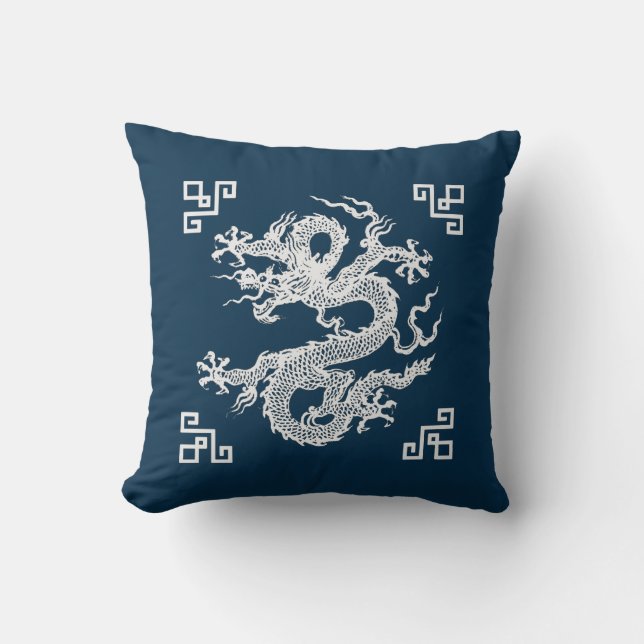 Vintage Chinese Dragon in White Cushion (Front)
