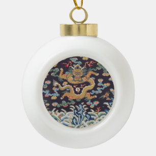 Vintage Chinese Dragon Oriental Silk Pattern Ceramic Ball Christmas Ornament