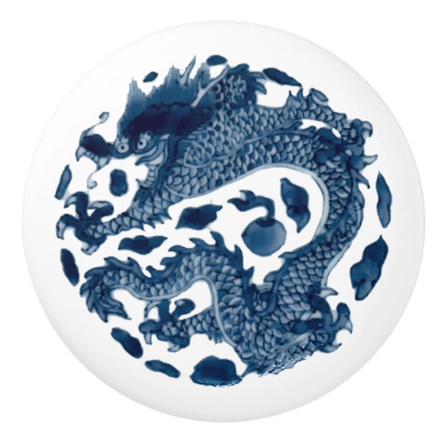 Vintage Chinese Dragon Print Blue White Ceramic Knob (Front)
