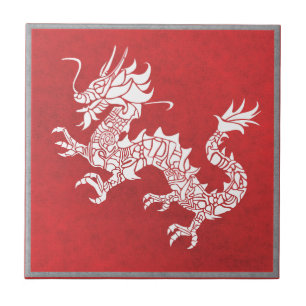 Vintage Chinese Dragon Tribal Emblem Red Tile