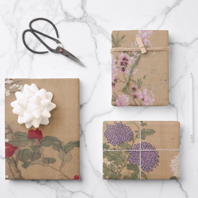 Vintage Chinese Floral Art Wrapping Paper Sheet (Front)