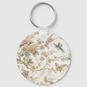 Vintage Chinese Floral Pattern with Hummingbird Key Ring