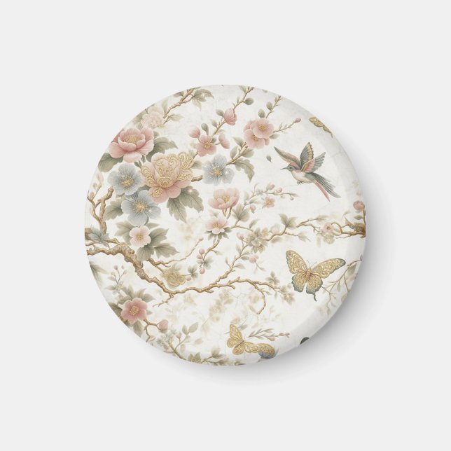 Vintage Chinese Floral Pattern with Hummingbird Magnet (Front)