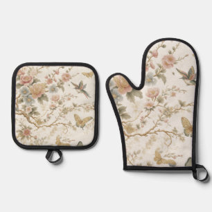Vintage Chinese Floral Pattern with Hummingbird Oven Mitt & Pot Holder Set