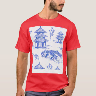 Vintage Chinese Garden Blue White Pattern T-Shirt
