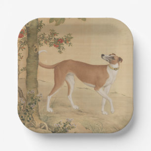 Vintage Chinese Greyhound Dog & Bird Art Paper Plate