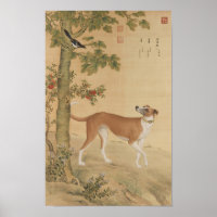 Vintage Chinese Greyhound Dog & Bird Art