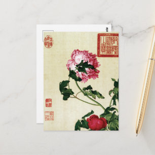 Vintage Chinese Pink Peony Flower Art Postcard