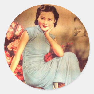vintage chinese poster old shanghai woman classic round sticker