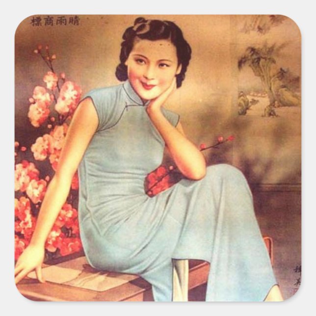 vintage chinese poster old shanghai woman square sticker (Front)