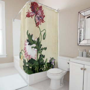 Vintage Chinese Red Poppy Botanical Art Shower Curtain
