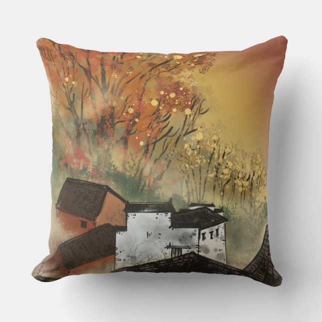Vintage Chinese Style Autumn Trees & Farm Houses Cushion (Front)