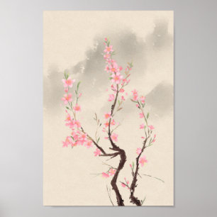 Vintage Chinese Style Green Pink Flower Painting Poster