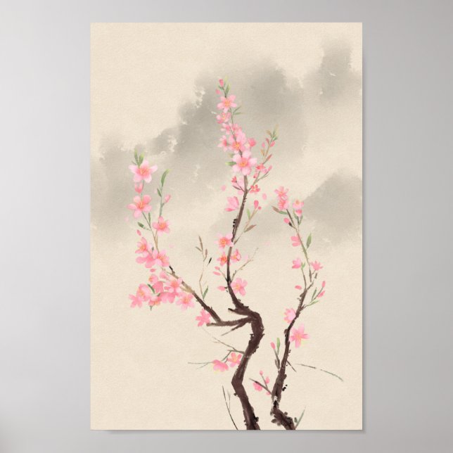 Vintage Chinese Style Green Pink Flower Painting Poster (Front)