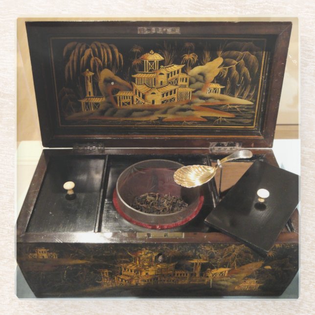 VINTAGE CHINESE TEA BOX GLASS COASTER (Front)