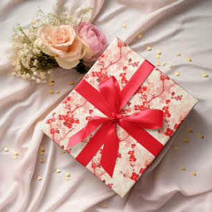 Vintage Chinoiserie Asian Floral Red Pink Wrapping Paper