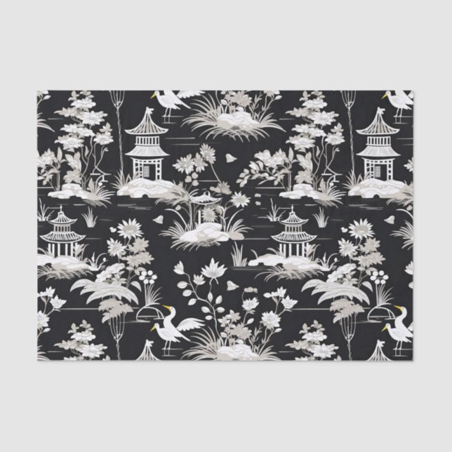 Vintage Chinoiserie Asian Pagoda Bird Black White  Tissue Paper (Front)