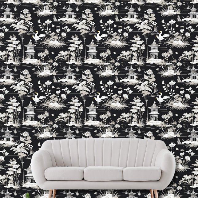 Vintage Chinoiserie Asian Pagoda Bird Black White  Wallpaper (Creator Uploaded)