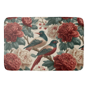 Vintage Chinoiserie Birds and Red Peony Flowers Bath Mat