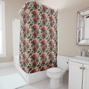 Vintage Chinoiserie Birds and Red Peony Flowers Shower Curtain