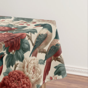 Vintage Chinoiserie Birds and Red Peony Flowers Tablecloth