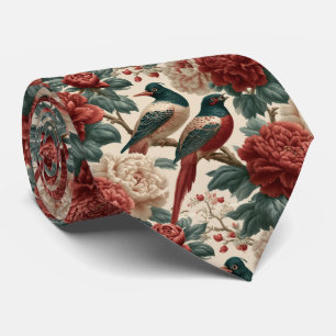 Vintage Chinoiserie Birds and Red Peony Flowers Tie