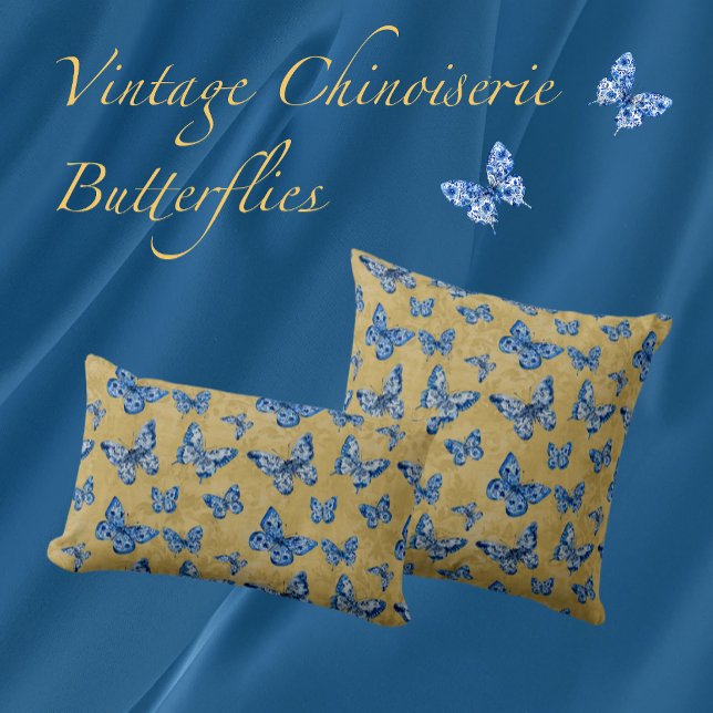 Vintage Chinoiserie Blue Butterflies Faded Damask  Cushion (Creator Uploaded)