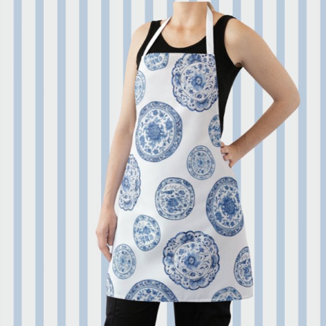 Vintage Chinoiserie Blue White Antique Plates  Apron (Vintage chinoiserie style)
