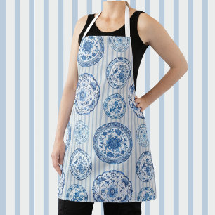 Vintage Chinoiserie Blue White Antique Plates  Apron