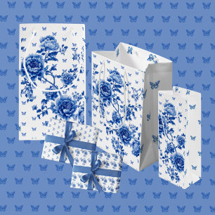 Vintage Chinoiserie Blue White Butterflies Roses Wine Gift Bag