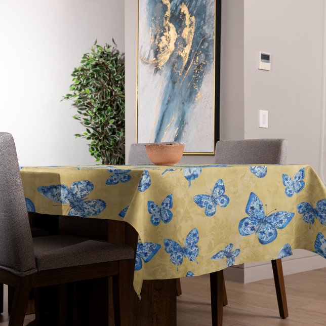 Vintage Chinoiserie Blue White Butterfly Gold Tablecloth (Creator Uploaded)