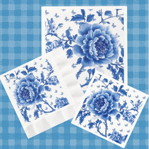 Vintage Chinoiserie Blue White Butterfly Roses  Napkin