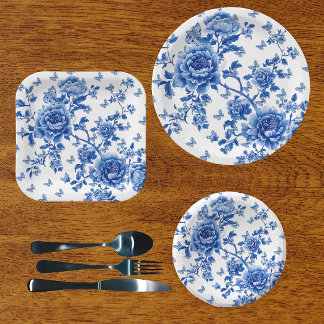 Vintage Chinoiserie Blue White Butterfly Roses Paper Plate