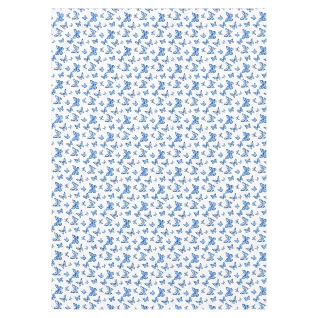 Vintage Chinoiserie Blue White Butterfly Roses  Tablecloth (Front)