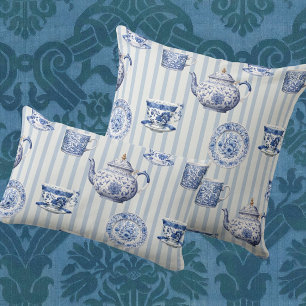 Vintage Chinoiserie Blue White Dishes Blue Stripe Decorative Cushion