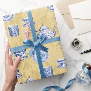 Vintage Chinoiserie Blue White Dishes Gold Wrapping Paper