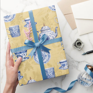 Vintage Chinoiserie Blue White Dishes Gold Wrapping Paper