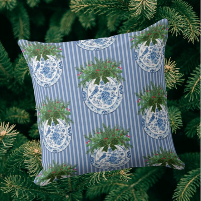 Vintage Chinoiserie Blue White Plates Holiday Cushion (Vintage style plates with greenery!)