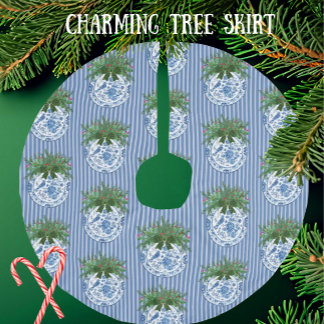 Vintage Chinoiserie Blue White Plates Holiday Faux Linen Tree Skirt