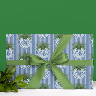 Vintage Chinoiserie Blue White Plates Holiday Wrapping Paper