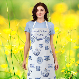Vintage Chinoiserie Blue White Teapot Personalized Apron